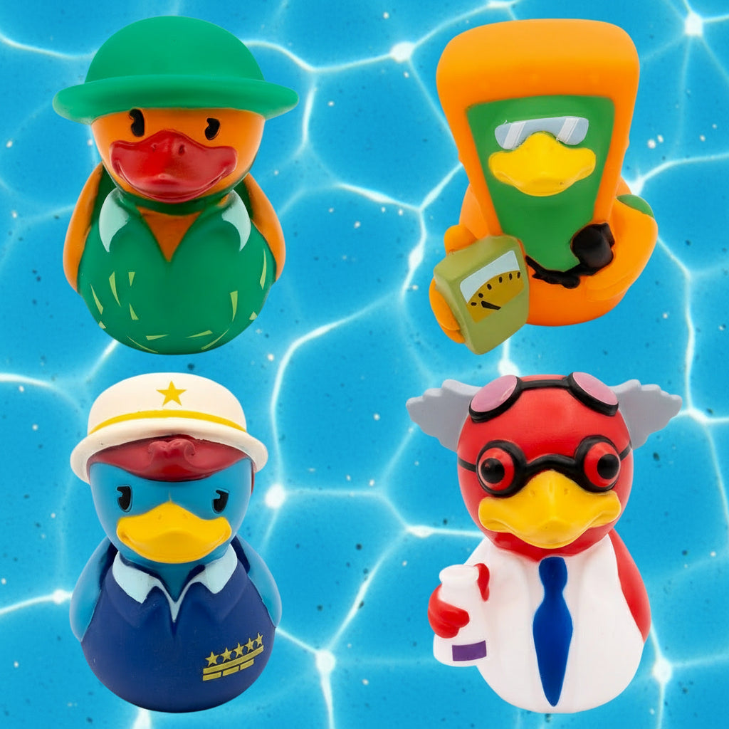 A set of four colorful rubber ducks, each with a unique outfit, including a camo green duck, a hazmat duck, a navy duck, and a white duck with a tie.